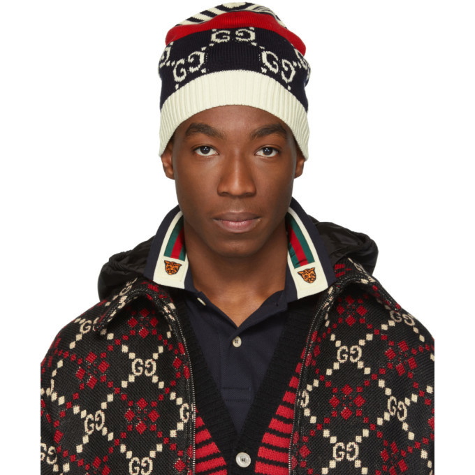Photo: Gucci Navy and Red Knit GG Beanie