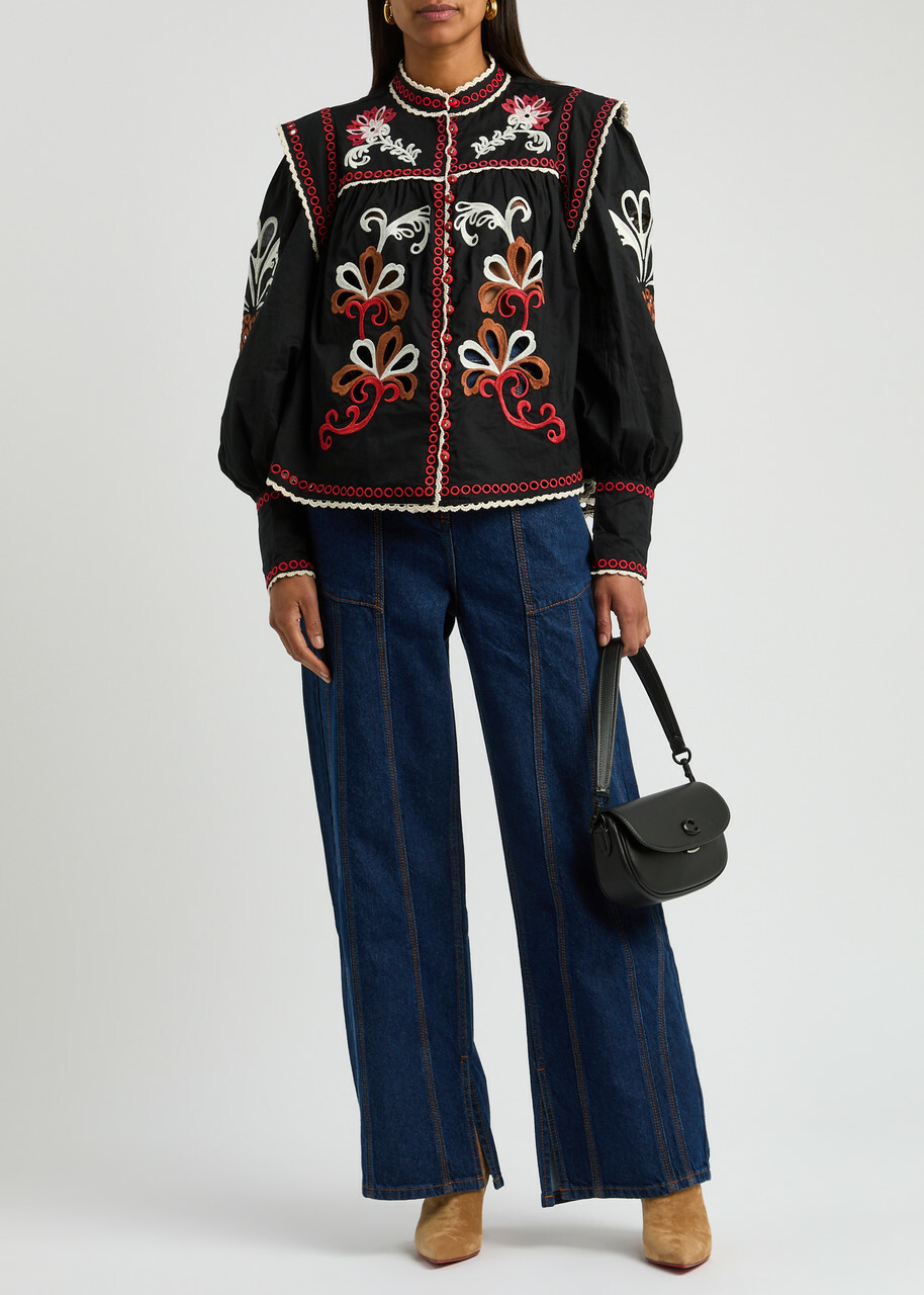 Farm Rio Broderie-anglaise Cotton Blouse Black
