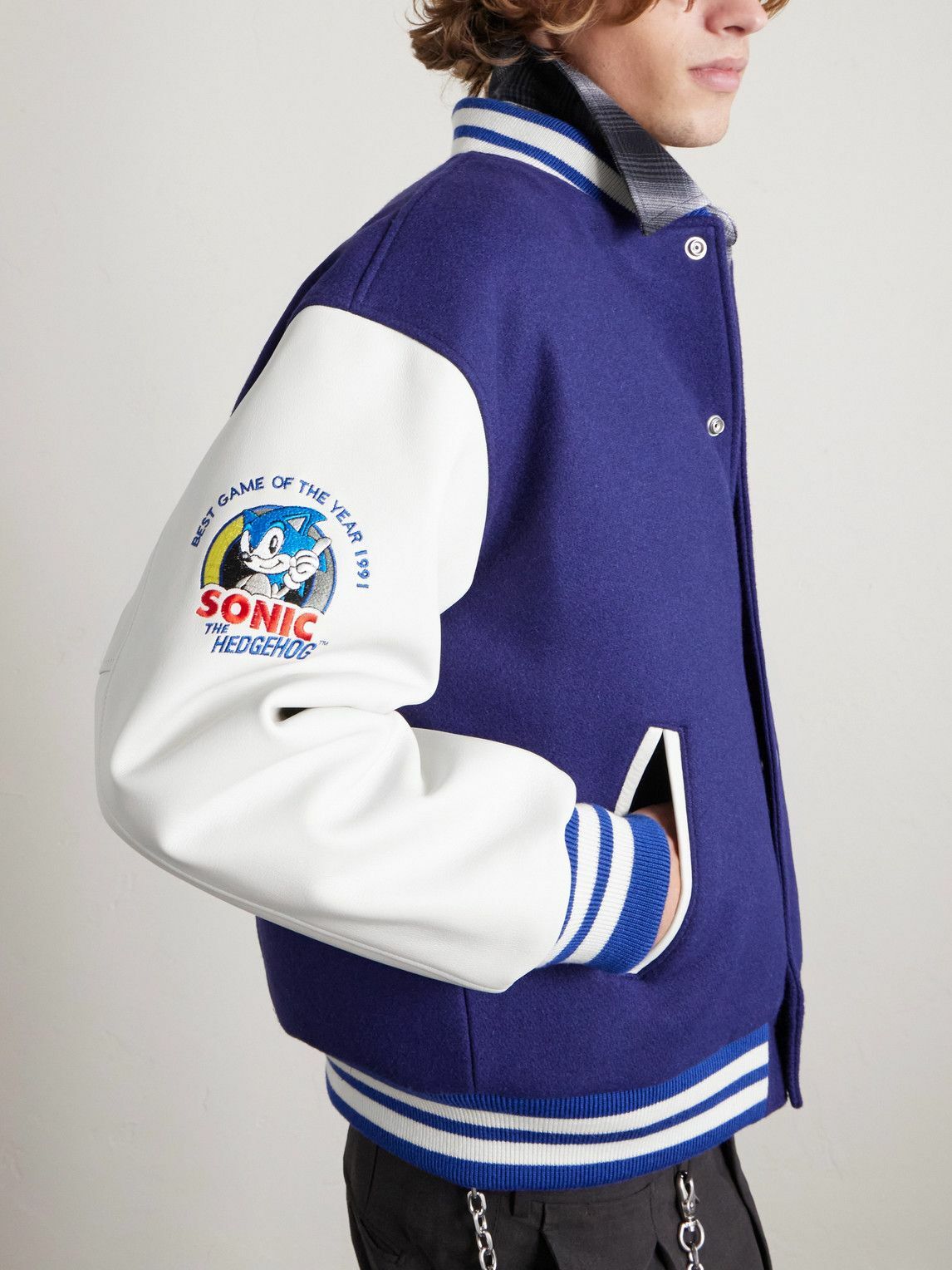 SAINT MXXXXXX - SEGA Wool-Blend and Leather Varsity Jacket - Blue