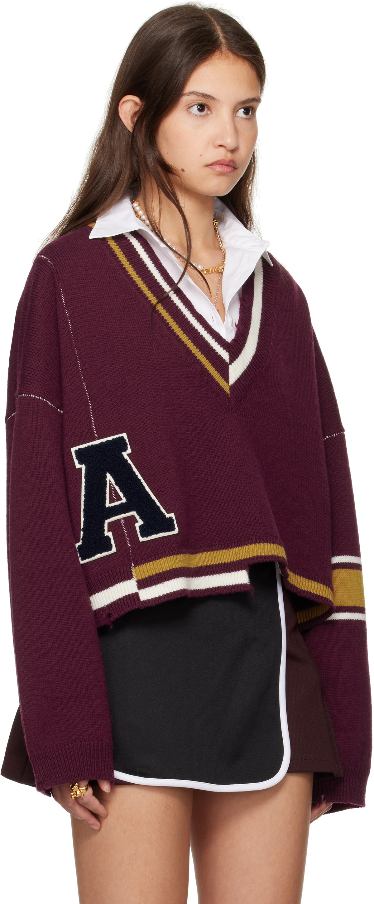 AMBUSH Burgundy Damaged Rib V-Neck Sweater