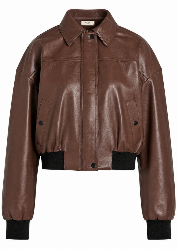 Photo: Skiim Sarah Leather Bomber Jacket Dark Brown