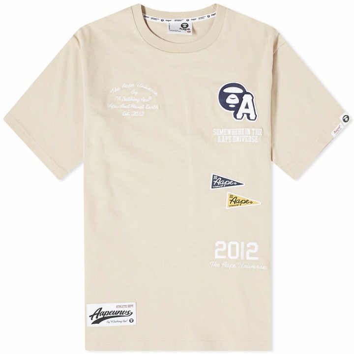 Photo: Men's AAPE College Back Water Print T-Shirt in Beige (Grey)