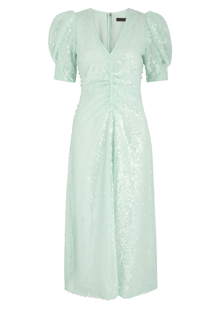 Rotate Birger Christensen Sequin-embellished Tulle Midi Dress Light Green ROTATE Birger Christensen Rotate Birger Christensen Sequin-embellished Tulle Midi Dress Light Green ROTATE Birger Christensen