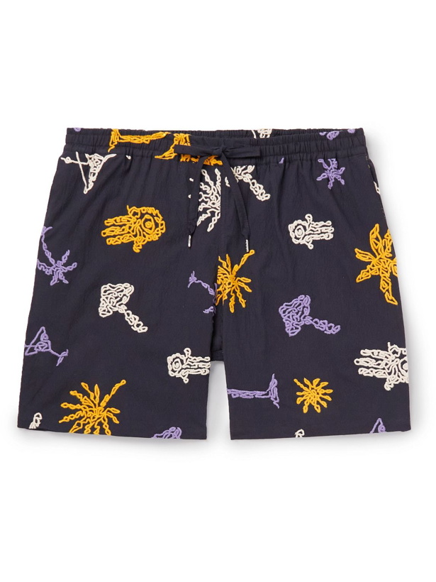 Photo: A Kind Of Guise - Volta Straight-Leg Embroidered Cotton-Blend Seersucker Drawstring Shorts - Blue