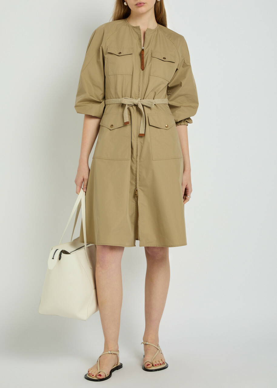 Moncler Logo-appliquéd Belted Cotton-blend Midi Dress Beige