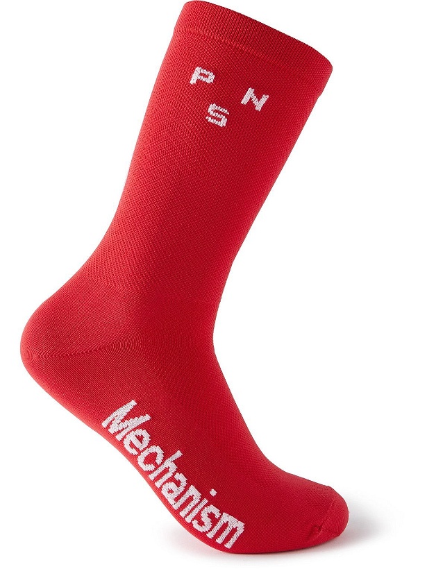 Photo: Pas Normal Studios - Mechanism Logo-Intarsia Stretch Meryl Skinlife-Blend Cycling Socks - Red