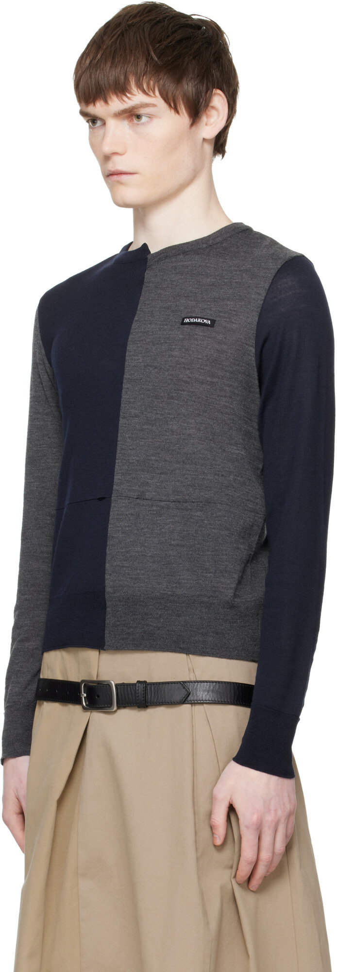 HODAKOVA Navy & Gray Knitted Patch Sweater