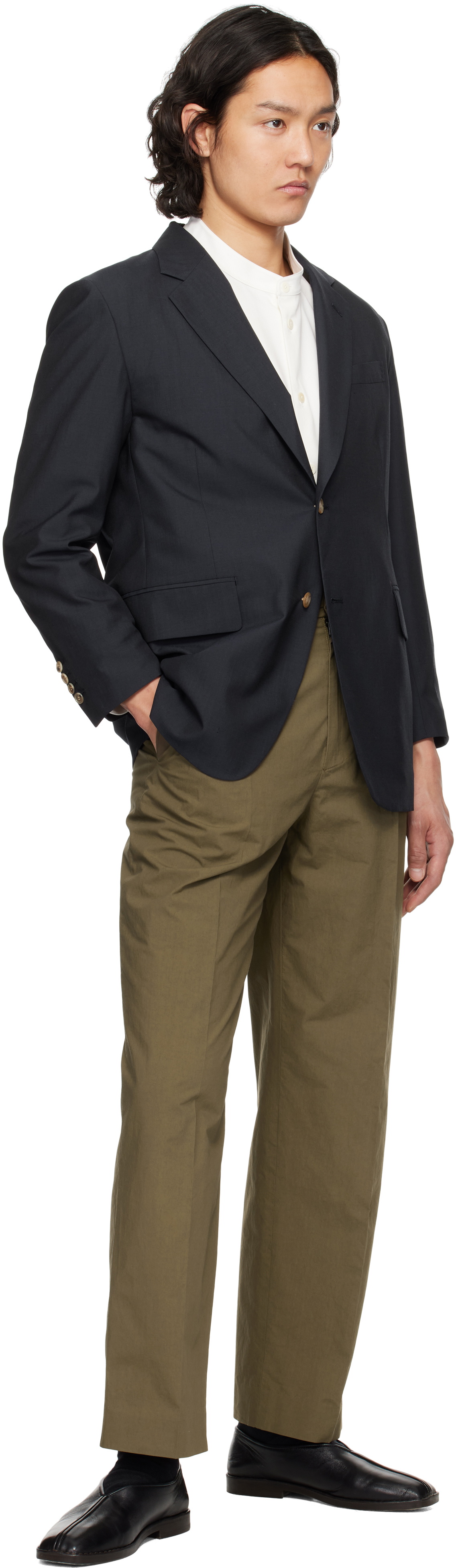 YLÈVE Navy Wool Chambray Blazer