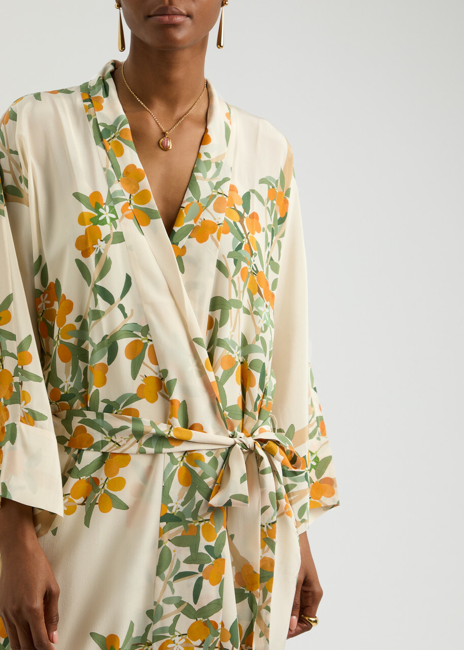 Bernadette Peignoir Printed Silk Wrap Dress Cream