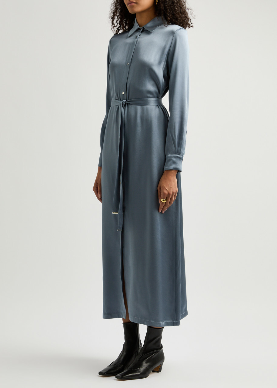 Herno Belted Satin Midi Shirt Dress Blue Herno