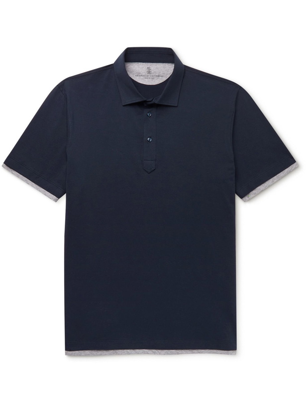 Photo: BRUNELLO CUCINELLI - Slim-Fit Layered Cotton-Jersey Polo Shirt - Blue