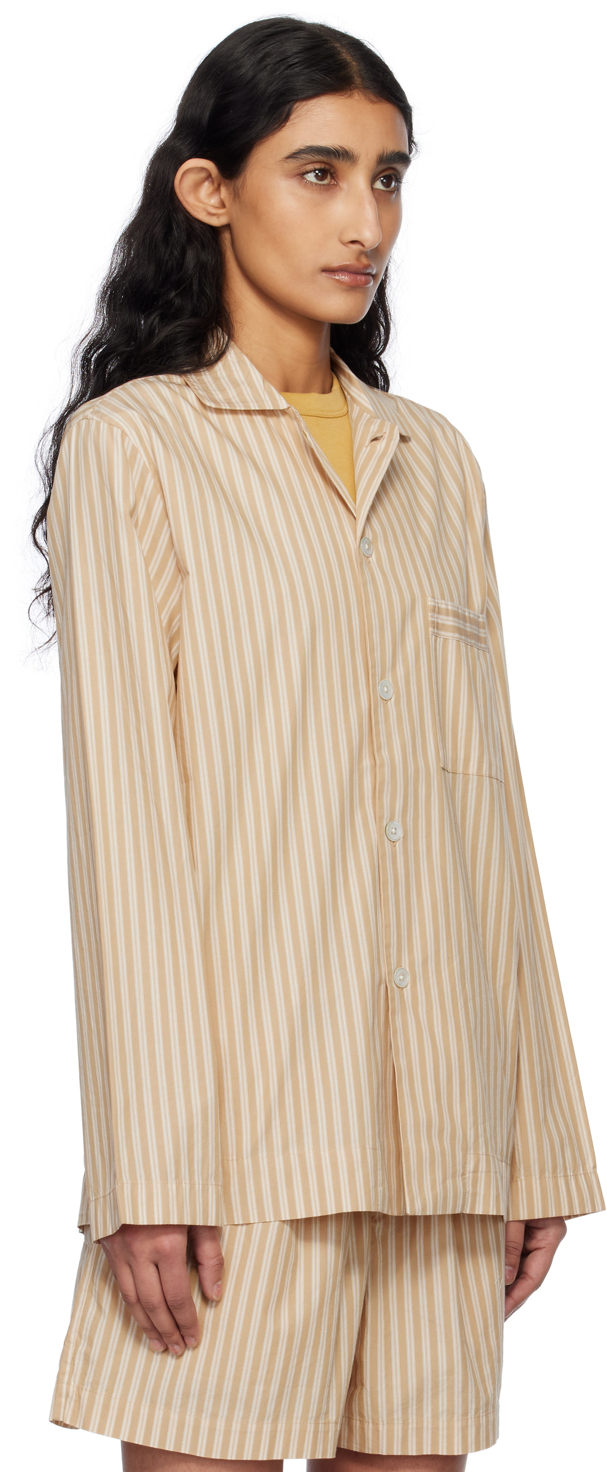Tekla Tan & Beige Poplin Long-Sleeved Pyjama Shirt