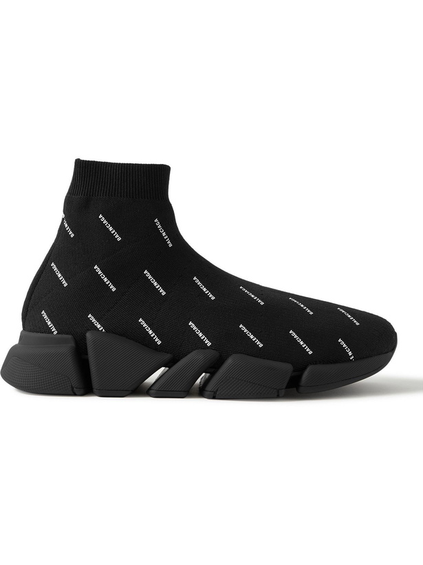 Photo: BALENCIAGA - Speed 2.0 Logo-Print Stretch-Knit Slip-On Sneakers - Black