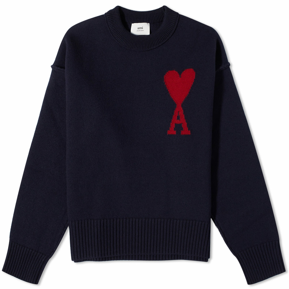 AMI Paris Men's A Heart Crew Knit in Night Blue/Red AMI