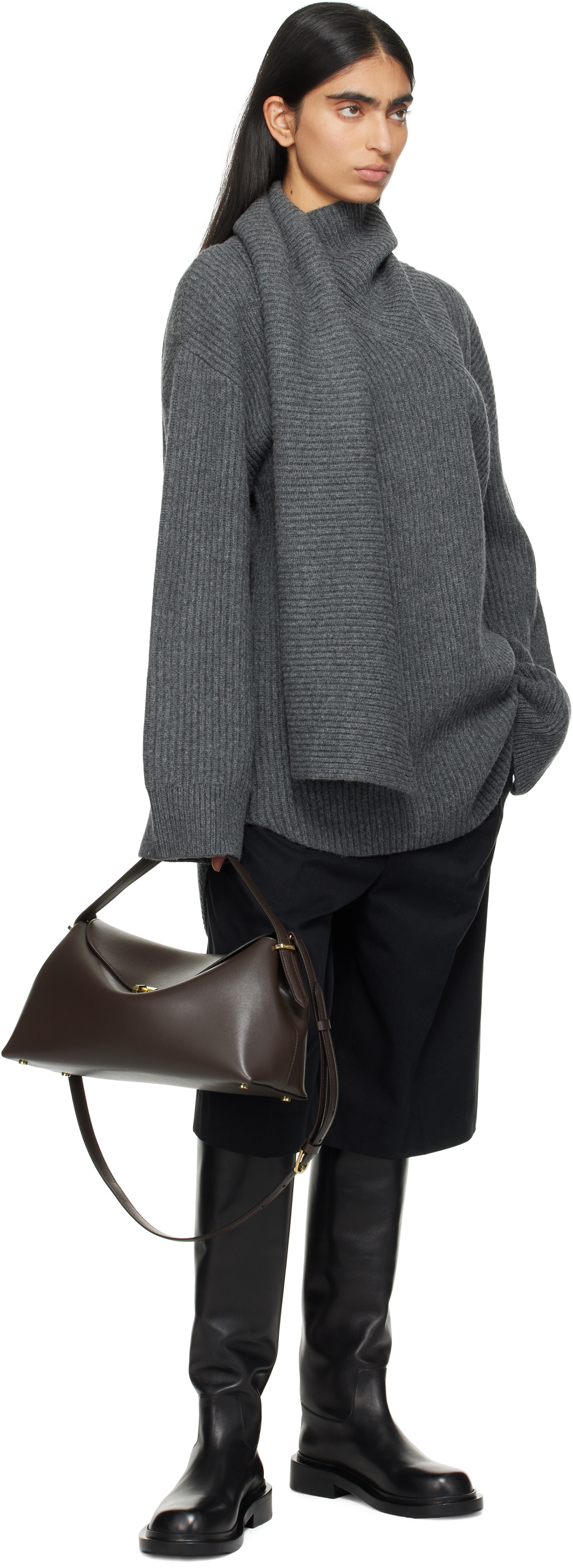 TOTEME Gray Long Scarf Knit Sweater