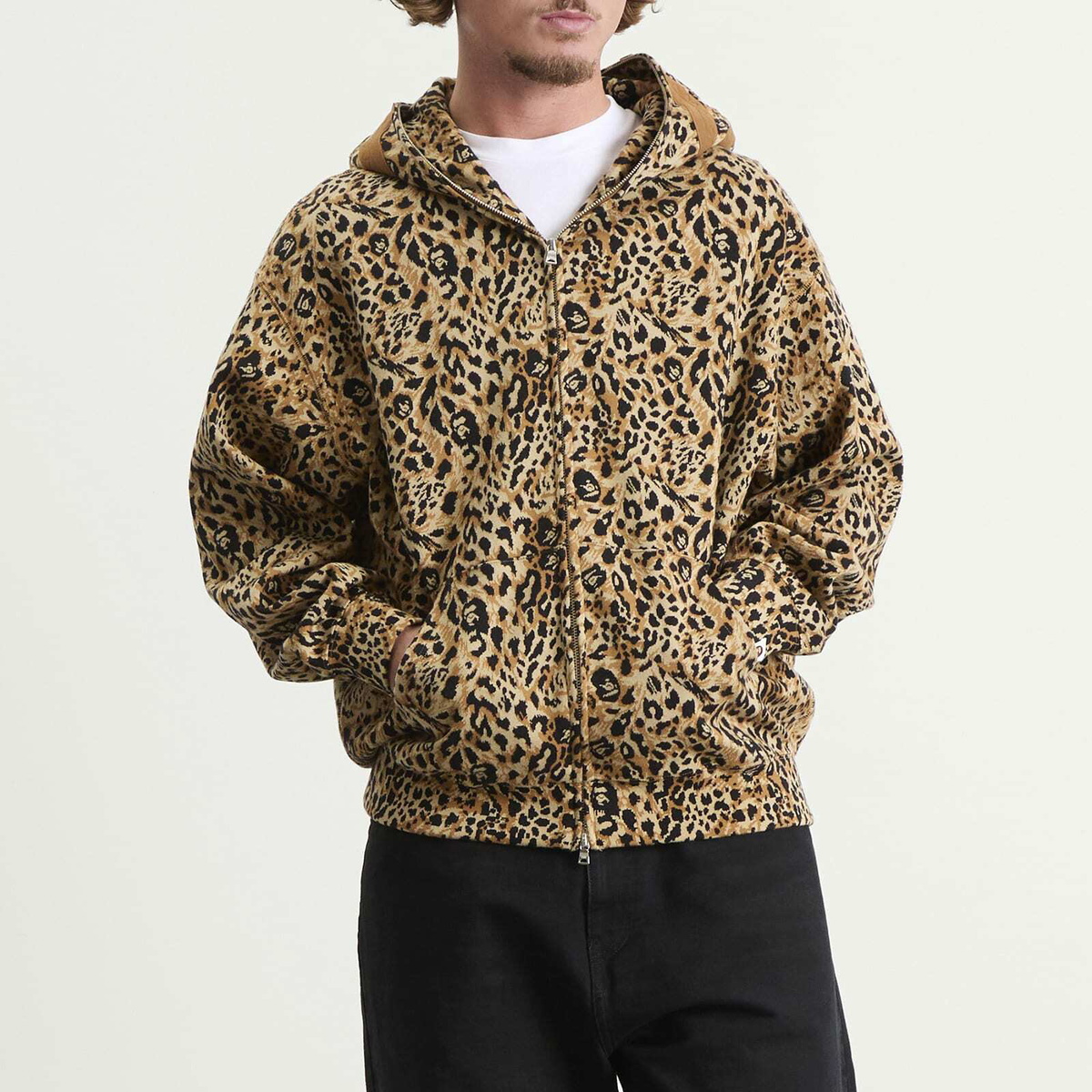A Bathing Ape Men's Wild Leopard Print Shark Zip Hoodie in Beige