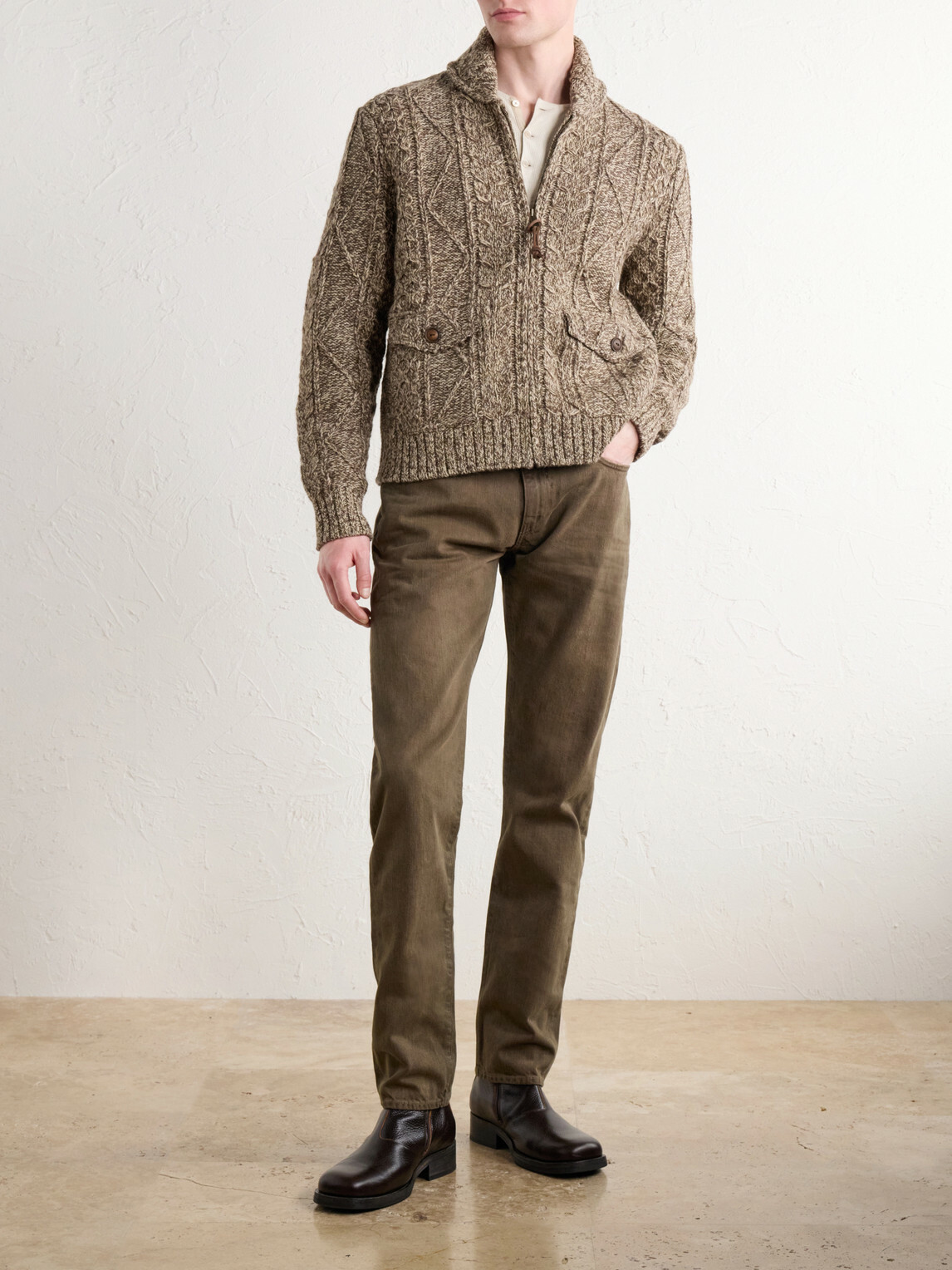 RRL - Shawl-Collar Aran Cable-Knit Wool, Cotton and Linen-Blend Zip-Up Cardigan - Brown
