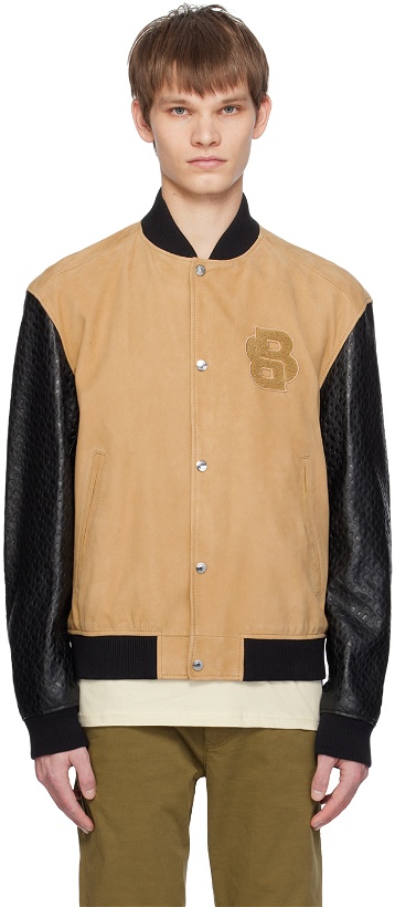 Photo: BOSS Tan & Black Stand Collar Leather Bomber Jacket