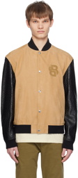 BOSS Tan & Black Stand Collar Leather Bomber Jacket