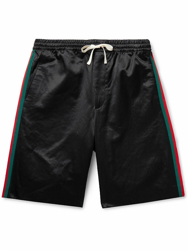 Photo: GUCCI - Wide-Leg Webbing-Trimmed Cotton-Blend Satin Drawstring Shorts - Black