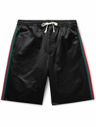 GUCCI - Wide-Leg Webbing-Trimmed Cotton-Blend Satin Drawstring Shorts - Black