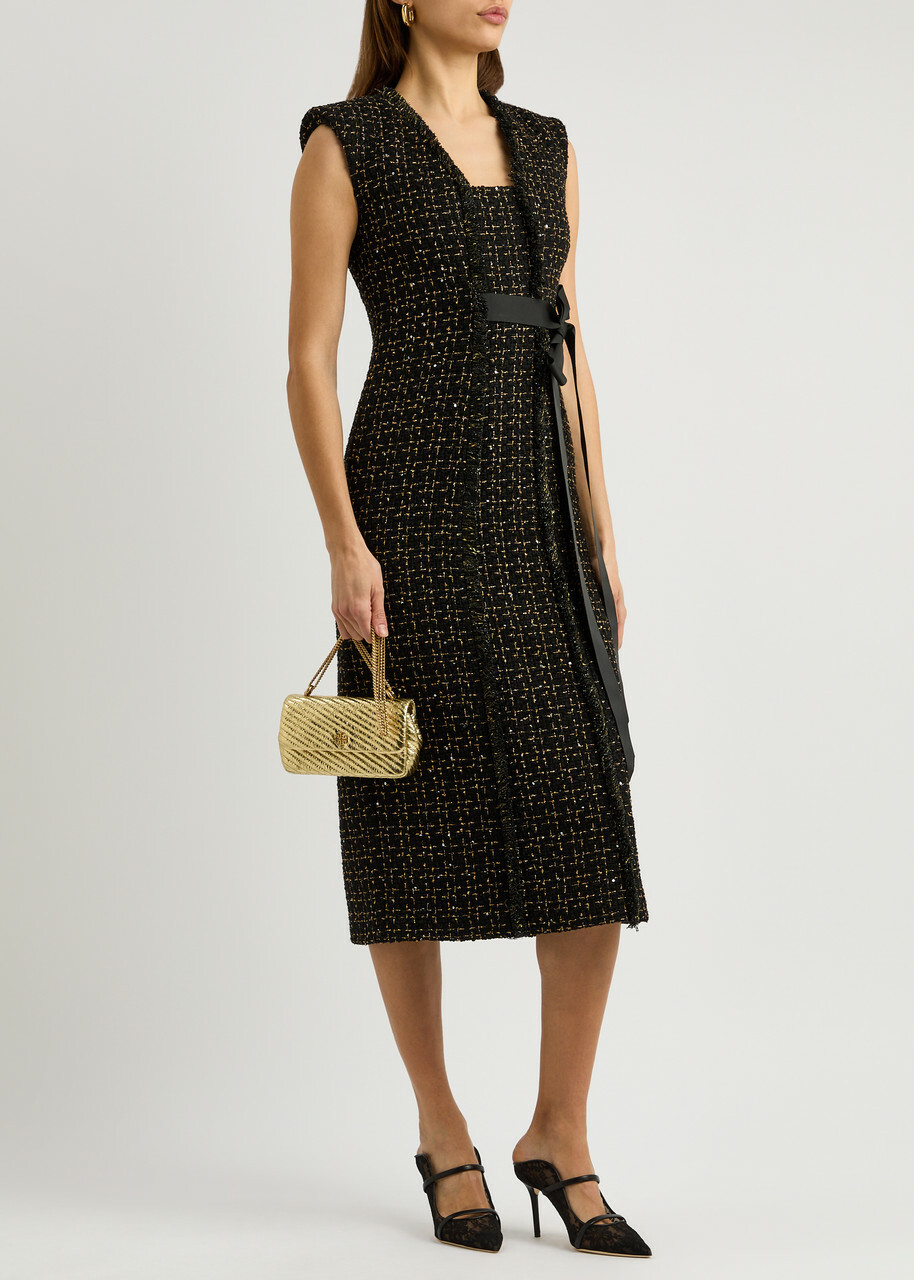Huishan Zhang Shade Metallic Tweed Midi Dress Black