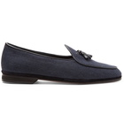 Rubinacci - Marphy Leather and Suede-Trimmed Herringbone Linen Tasselled Loafers - Navy