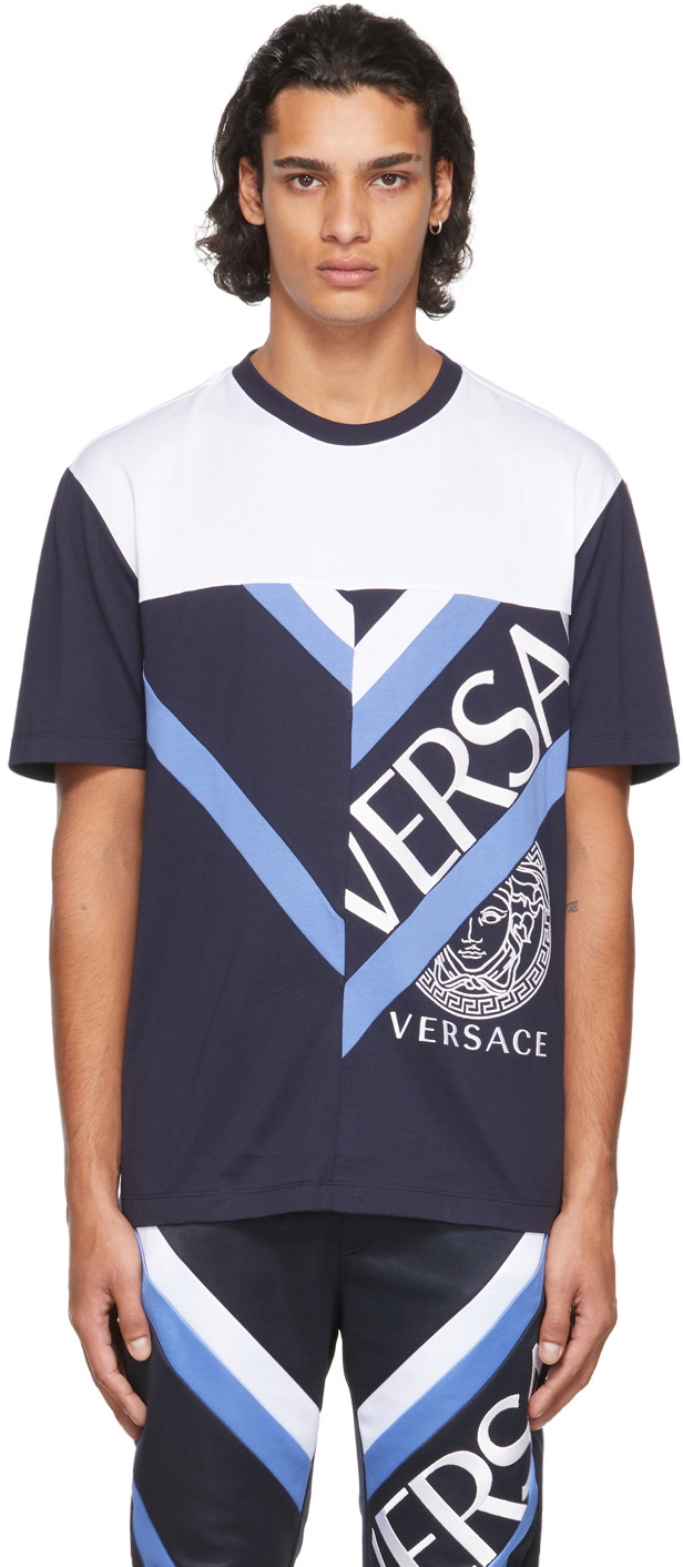 Versace Blue & White Colorblock T-Shirt Versace