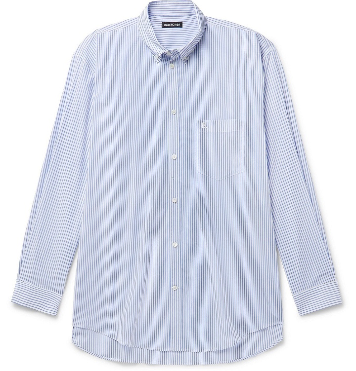 Photo: Balenciaga - Oversized Button-Down Collar Logo-Print Striped Cotton Shirt - Blue