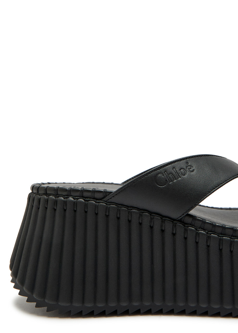Chloe Nama 80 Thong Leather Wedge Sandals Black