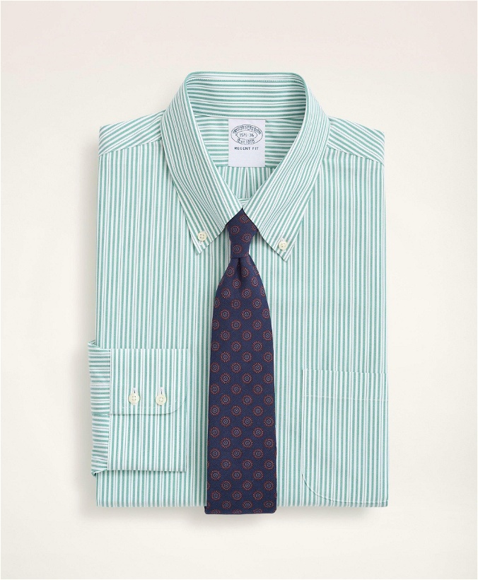 Photo: Brooks Brothers Men's Stretch Regent Regular-Fit Dress Shirt, Non-Iron Poplin Button Down Collar Stripe | Green