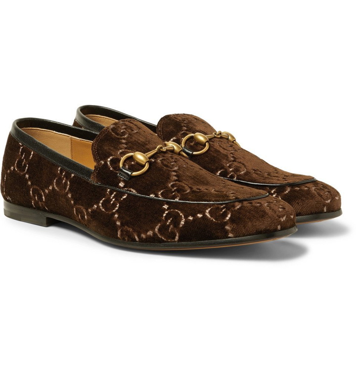 Photo: Gucci - Horsebit Leather-Trimmed Logo-Embroidered Velvet Loafers - Men - Dark brown
