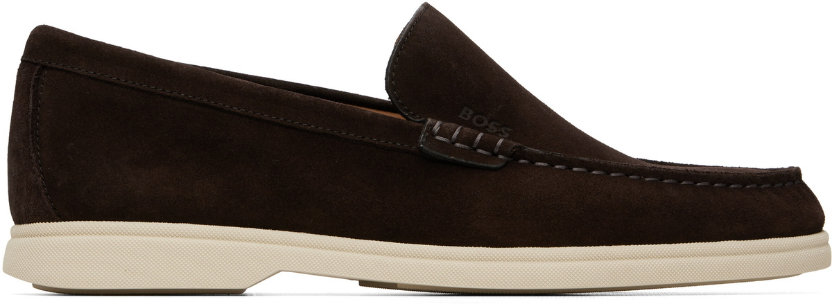 BOSS Brown Debossed-Logo Suede Loafers