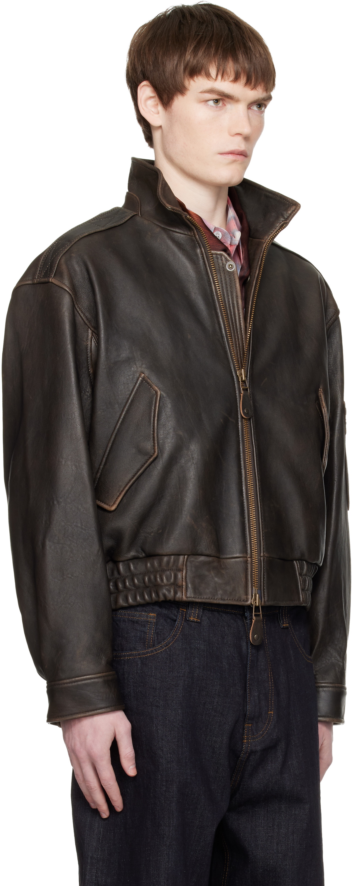 COOR Brown Vintage Shelter Neck Collar Leather Jacket