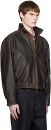 COOR Brown Vintage Shelter Neck Collar Leather Jacket