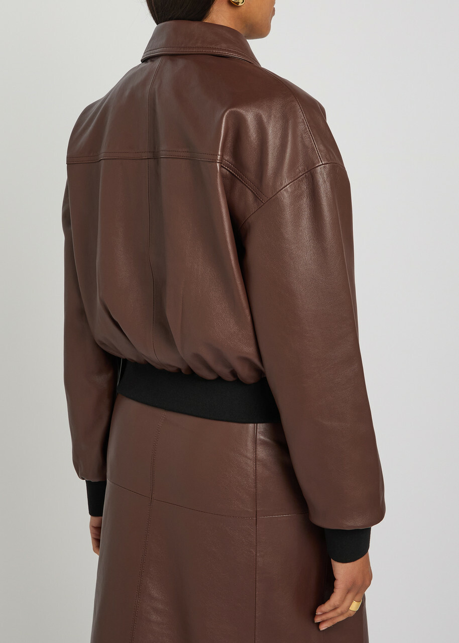 Skiim Sarah Leather Bomber Jacket Dark Brown
