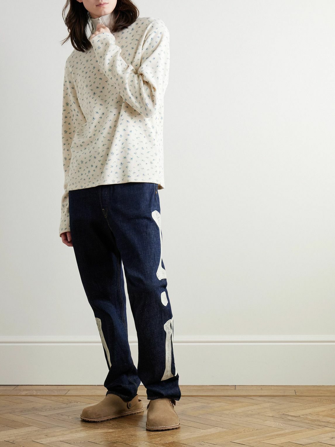 kapital キャピタル　サーマル　フラワー　花柄　ワッフル KAPITAL - Floral-Print Waffle-Knit Cotton Half-Zip Sweater