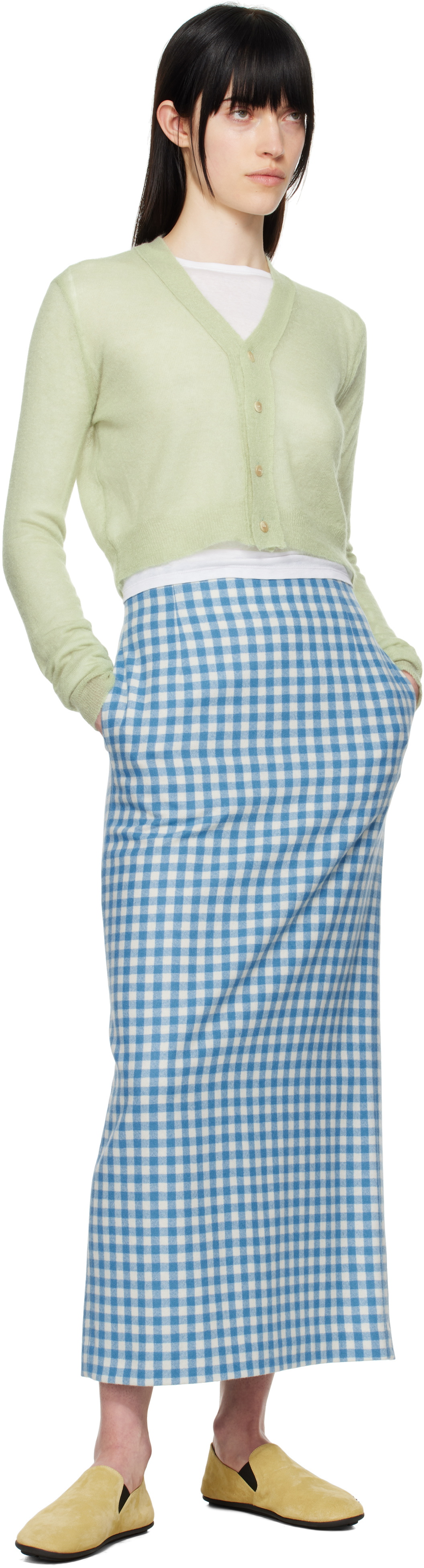 AURALEE Blue & White Airy Smooth Cashmere Maxi Skirt
