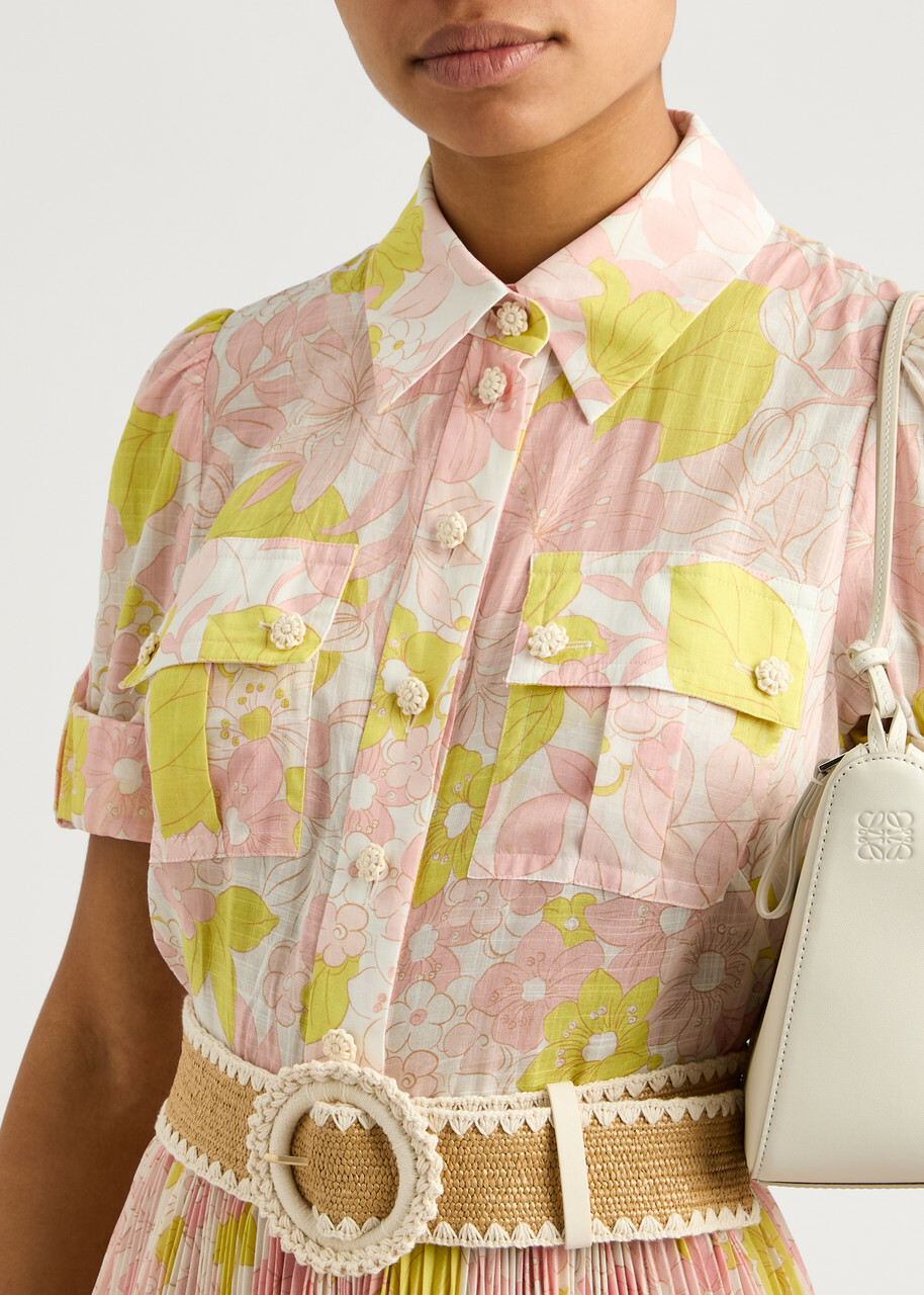 Zimmermann Pop Printed Pleated Mini Shirt Dress Multi Floral