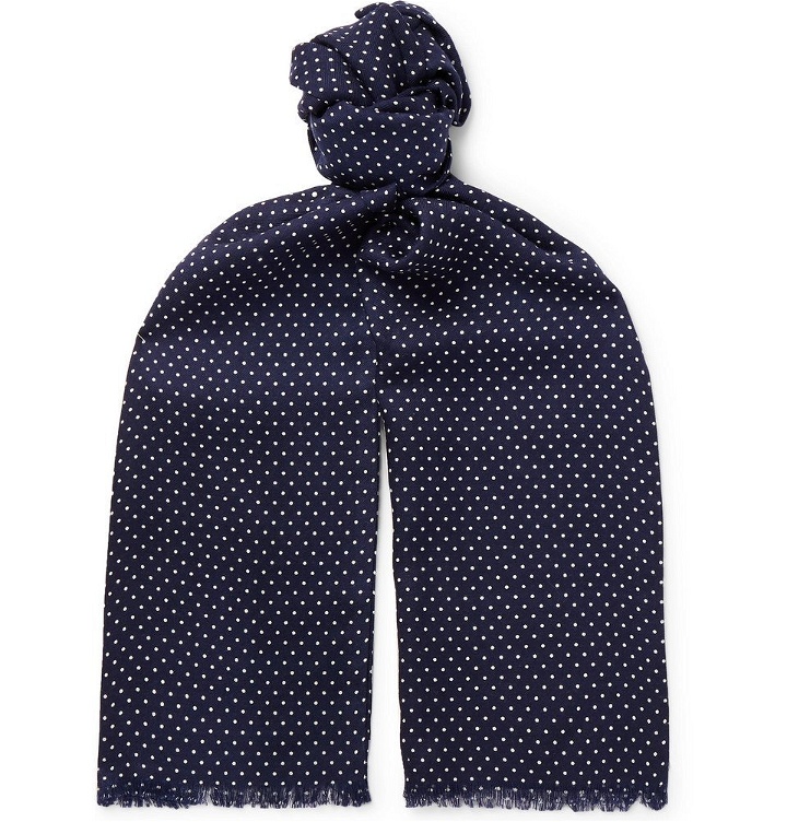 Photo: TOM FORD - Fringed Polka-Dot Wool, Silk and Cashmere-Blend Scarf - Men - Navy