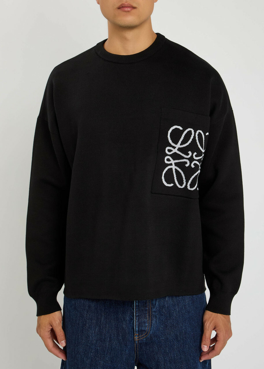 Loewe Logo-intarsia Cotton-blend Knit Sweatshirt Black And White