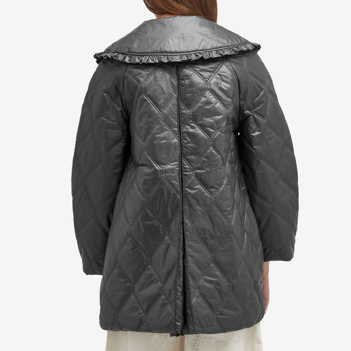 GANNI Women's Shiny Quilt Midi Jacket in Black Sand GANNI