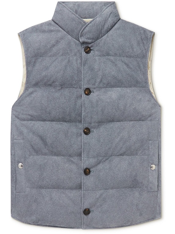 Photo: Brunello Cucinelli - Quilted Printed Suede Down Gilet - Blue