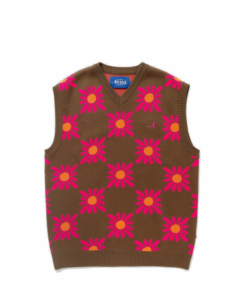 Photo: Awake Checkered Floral Sweater Vest Brown|Pink - Mens - Vests