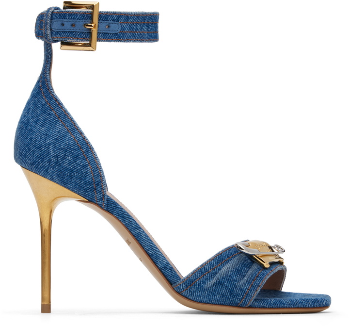 Photo: Balmain Blue Denim Safety Pin Heeled Sandals