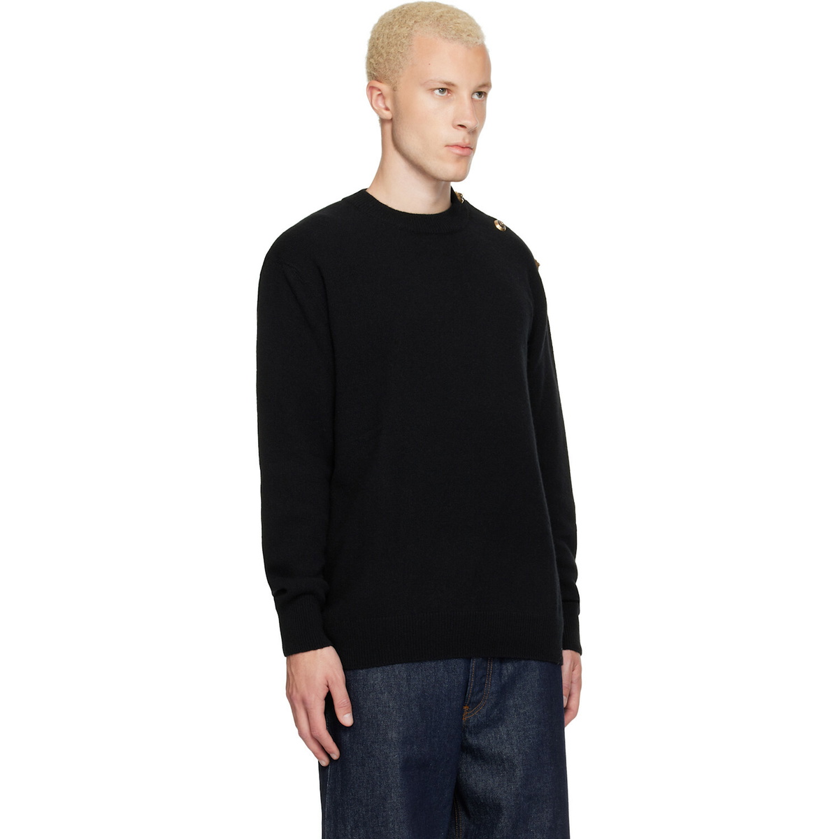 BALMAIN Black Buttoned Eco-Cashmere Knit Sweater