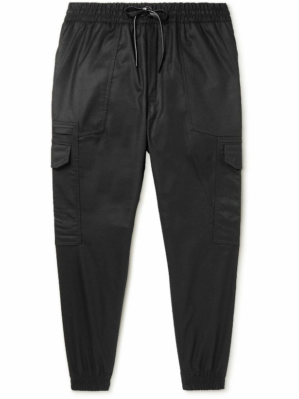 Photo: Brioni - Tapered Wool and Cashmere-Blend Flannel Drawstring Cargo Trousers - Black