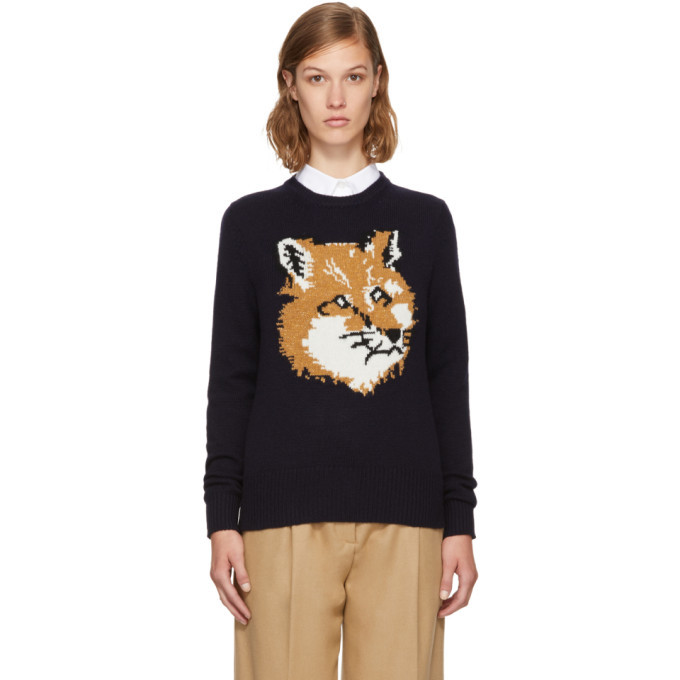 Maison Kitsune Navy Lurex Fox Head Sweater Maison Kitsune