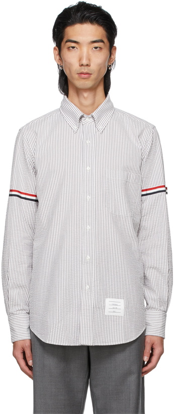 Photo: Thom Browne White & Grey Seersucker Grosgrain Armband Shirt