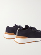 BRUNELLO CUCINELLI - Leather-Trimmed Stretch-Knit Sneakers - Blue